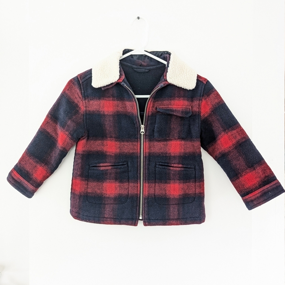 Zara Girl's Wool Blend Navy + Red Plaid Kids Jacket ~ Size 7
